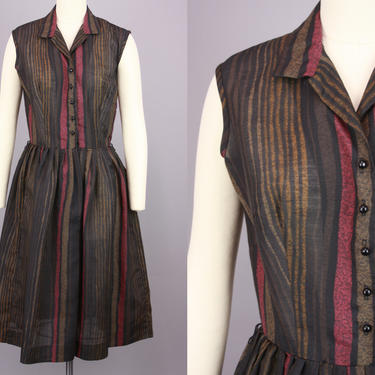 1950s Sleeveless Shirtwaist Dress | Vintage 50s 60s Striped Semi-Sheer Day Dress | small / medium 