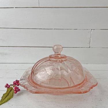 Antique Mayfair Pink Depression Glass Square And Round Covered Bowl // Pink Vintage Glass Covered Cookie Tray, Pink Glass Butter Dish 