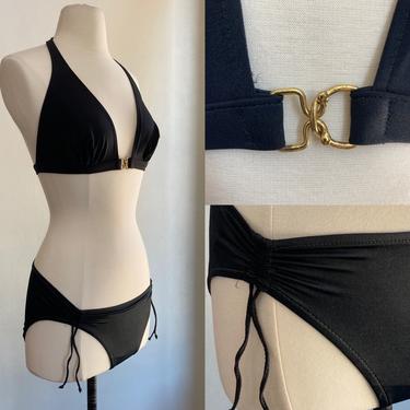 Vintage 70s SEXY SUNBATHING Bikini / Buckle Halter + Cinch Side Tie Bottoms / S 