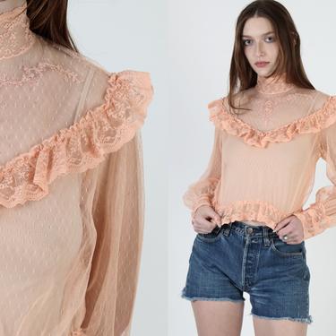 Peach Lace Victorian Style Blouse / Vintage 70s See Through Antique Top / High Neck Sheer Edwardian Blouse 