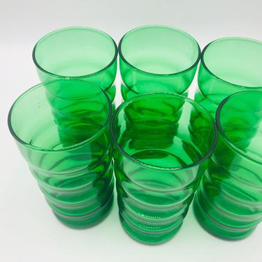 Vintage (6)  Anchor Hocking Forest Green Whirly Twirly Ringed Tumbler 5&amp;quot; 