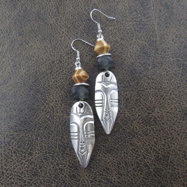 African mask earrings, tribal dangle earrings, wooden earrings, Afrocentric earrings, ethnic earrings, unique primitive earring, tiki green 