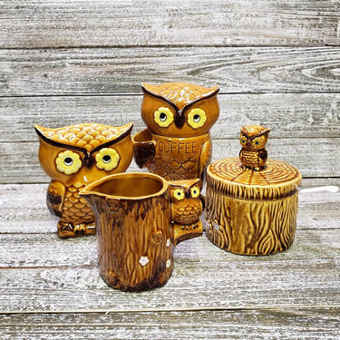 Vintage Ceramic Owl Tableware, Owl Napkin Holder, Coffee Jar, Owl n Daisy Sugar Dish &amp; Creamer, Vintage Ceramic Lego Owl Set Vintage Kitchen 