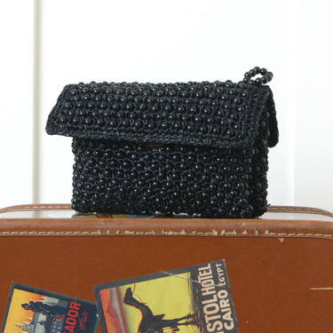 vintage 1960s beaded clutch • cute small black woven raffia double pocket purse 