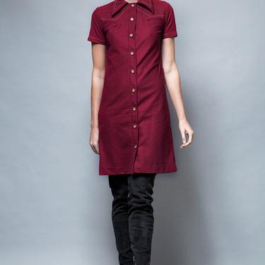 vintage 70s shirtdress burgundy red dress gold buttons pointy collar S M - Small Medium 