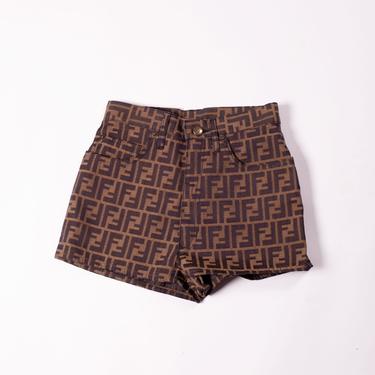 Vintage FENDI 1990s High Waist Monogram Shorts FF Zucca Hot Pants Logo 24 25 Brown Black 