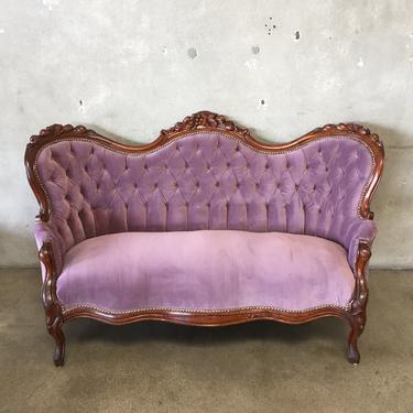 Vintage French Carved Wood Settee with New Lavender Upholstery