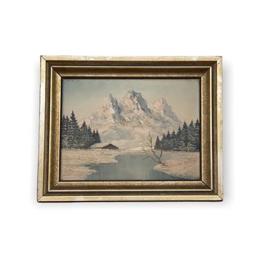 Vintage Framed Signed Painting Scenic Mountains Forestry Cottage Nautical Retro Deco Patina Green Blue 