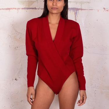 Donna Karan 1990s Blood Red Wool Wrap Knit Ribbed Bodysuit with Structured Shoulders sz S Minimal DKNY Top 
