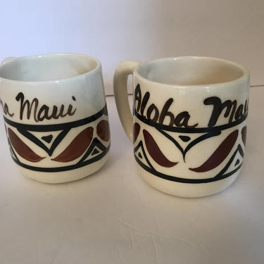 Vintage (2) Hand Painted  Maui Hawaii  pottery coffee mugs- Brown and Black 