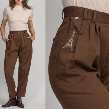 80s Olive High Waist Eiffel Tower Trousers - Medium, 29&quot; | Vintage Minimalist Boho Pleated Tapered Leg Pants 