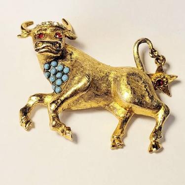 Vintage zodiac Taurus the Bull booch faux turquoise and pearls 