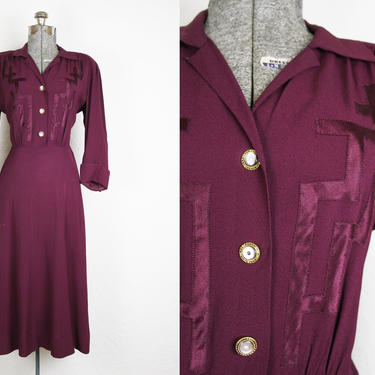 1940's Burgundy Rayon Crepe Dress /Size Medium Large 