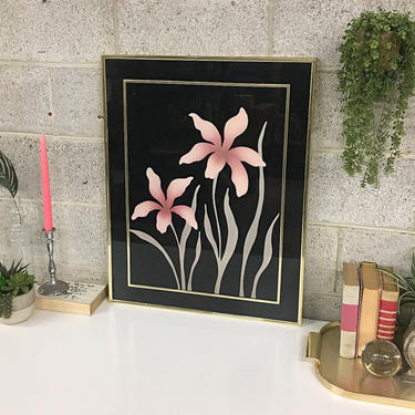 Vintage Floral Wall Art 1980s Retro Large Size 28x22 Pink + Red + Lily Flowers + High Gloss + Sheen + Plastic Art + Gold Trim + Screen Print 
