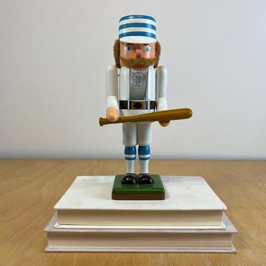 Small 10&quot; Baseball Player Nutcracker, Vintage White and Blue Hand Painted Wood Figurine, Sports Lover Traditional Holiday Christmas Decor 