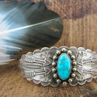 PROTECTIVE ARROWS Vintage 40s Cuff | 1940s Fred Harvey Era Railroad Silver and Turquoise Bracelet | Native American Navajo Style Jewelry 