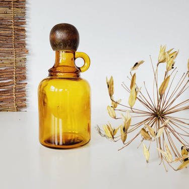 Vintage Amber Glass Storage Bottle with Wood Lid 