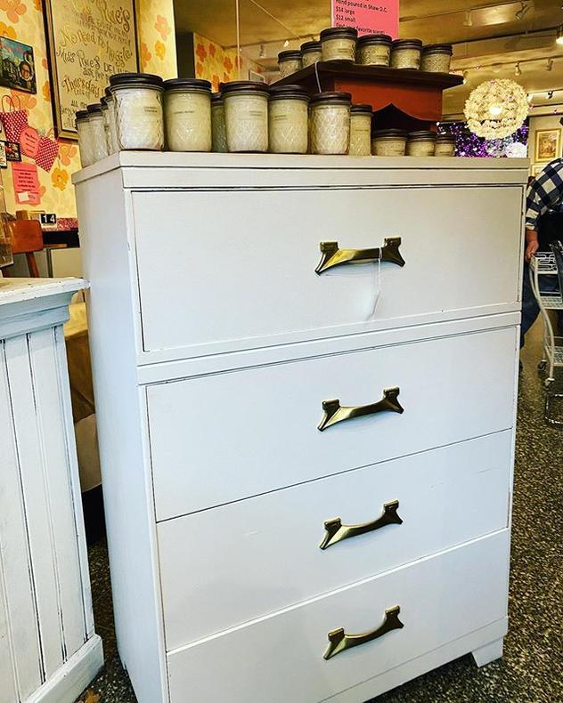 White chest of drawers with brass handles 30” x 43” x 18” 