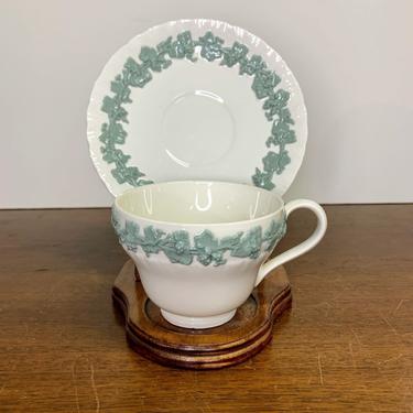 Vintage Wedgwood Embossed Queens Ware Celadon green on Cream Cup and Saucer 