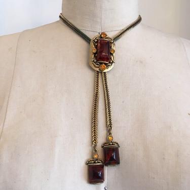 1960s lariat, Vintage 60s necklace, selini style necklace, bolo tie necklace, amber necklace, topaz necklace 