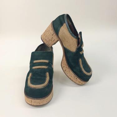 Vintage 1970s Green Suede &amp; Cork Loafer Platforms, Vintage Slip On Platforms, 1970s 70s, Vintage Unisex Platforms, Size Mens 8.5 Womens 10 by Mo