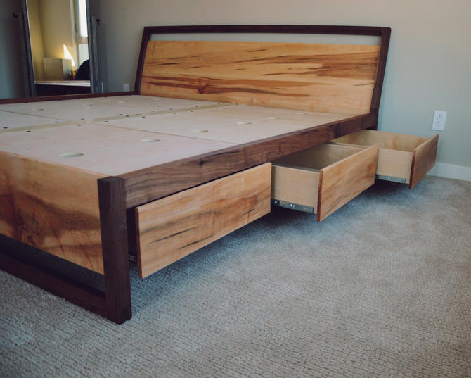 Walnut And Figured Maple Storage Bed, Bed Frame With Slanted Headboard