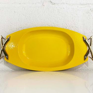 Vintage Yellow Metal Drink Tray Serving Plate Gold Plastic Handles Mid-Century Enamel Mid-Century Modern Home Colorful Primary USA 