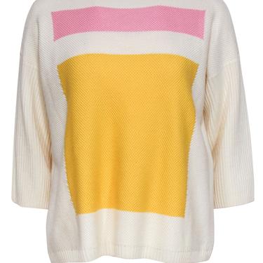 St. John - Ivory, Pink & Yellow Textured Cropped-Sleeve Wool Sweater Sz M