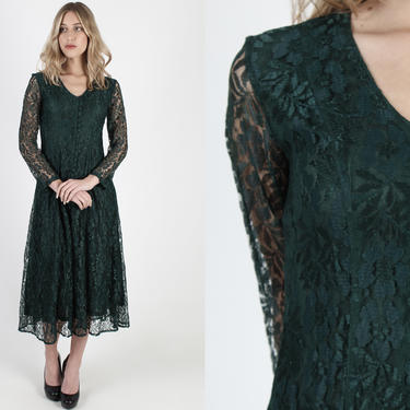Vintage 90s Forest Green Lace Dress 1990s V Neck Grunge Dress Gypsy Goth Floral Dress Festival Corset Lace Up Tie Midi Maxi Dress 