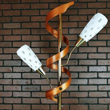 MCM Mid Century Modern Lampcraft Teak Wood Spiral Brass Floor Lamp with Frosted Spotted Shades 