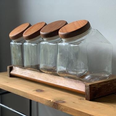 Vintage Glass Canisters with Wood Lids on stand 