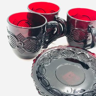 Vintage (3) Avon Cape Cod Ruby Red Glass Coffee Tea Cup &amp; Saucer Sets 