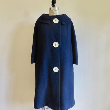 Vntage 1960's Mod Navy Blue Wool Swing Coat Large Buttons Winter Outerwear  Jill Junior Medium Large 