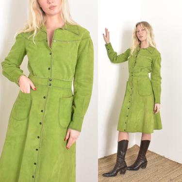 Vintage 1960s Dress / 60s Suede Snap Front Dress / Chartreuse Green ( medium M ) 