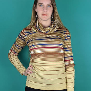 70s Funky Colorful Horizontal Stripe Turtleneck Top (Vintage VTG), Boho Hipster Mod Long Sleeve Shirt 