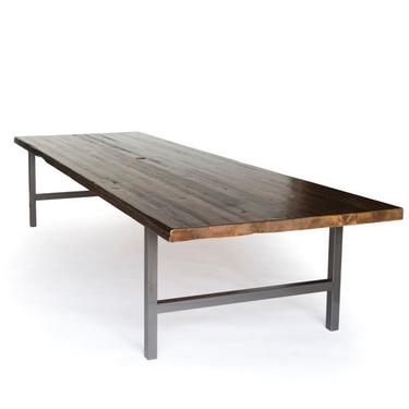 Farm Wood Office Table with steel H base and 1.5&quot; thick reclaimed wood top-choose size and finish. 