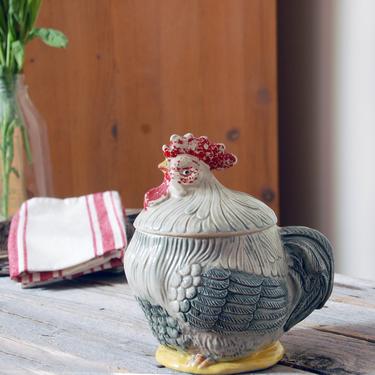 Vintage chicken ceramic canister / vintage chicken cookie jar / chicken dish with lid / rustic farmhouse kitchen decor /  chicken egg holder 