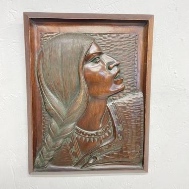 1970s Native American Indian Female Portrait Wall Art Hand Carved Solid Mahogany 