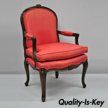 Vintage French Louis XV Style Red Upholstered Walnut Bergere Fauteuil Arm Chair