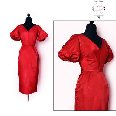 Anne Klein Red Silk 1950's Vintage Dress, Evening Party Dress, Cocktail Gown, Small Wiggle Dress, Full Puff Sleeves 