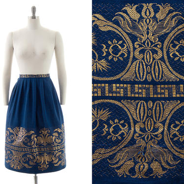 Vintage 1960s 1970s Skirt | 60s 70s Greek Grecian Metallic Novelty Border Print Floral Birds Woven Blue Gold Full Swing Skirt (medium) 