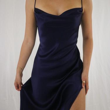 Vintage Navy Blue Victoria’s Secret Silk Slip Full Length Dress - Cowl Neck Open Back With Adjustable Straps + Silk Tie - Vintage Silk Gown 