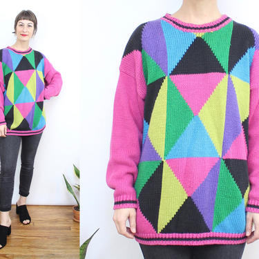 Vintage 90's Colorblock Sweater / 1990's Bright and Bold Colorful Sweater / Cotton / Women's Size Medium Large 