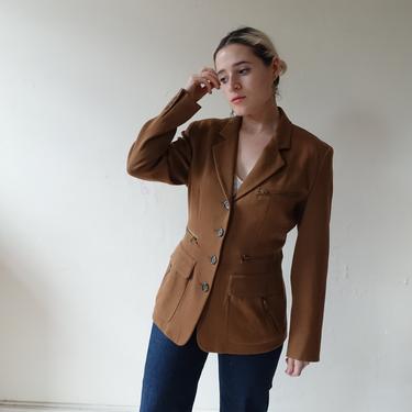Vintage 80s DKNY Zipper Blazer/ 1980s Brown Wool Twill Structured Jacket with Exposed Zippers/ Size Medium 
