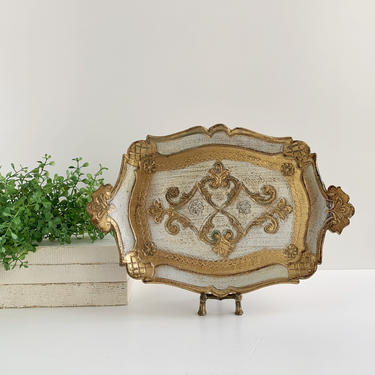 Small Vintage Florentine Tray, Plastic Gold and White Italian Tray, Jewelry Vanity Tray 