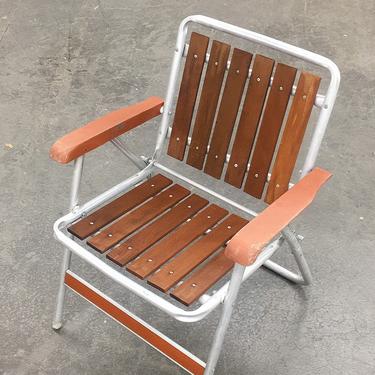 Vintage Lawn Chair Retro 1960s Mid Century Modern + Slatted + Redwood + Silver Aluminum Frame + Folds Up + Sun Terrace + Patio Furniture 