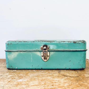 Green Metal Tackle Box with Handle and Tray | Industrial | Toolbox | Craft Storage | Junk | Rustic | Box with Lid 