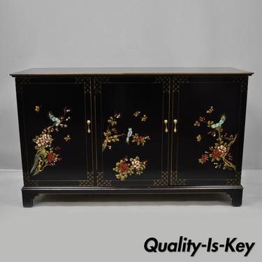 Vintage Oriental Hand Painted Black Lacquer Japanned Credenza Buffet Sideboard B