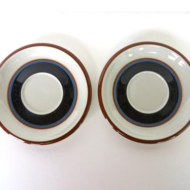 2 Arabia Finland Taika Demitasse Replacement Saucers, Scandinavian Stoneware Espresso Plates In Blue And Brown 