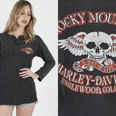 Rocky Mountain Harley Davidson T Shirt Vintage 80s 3d Harley Henley Shirt Harley Long Sleeve Underwear 2 Sided Colorado Skull Dealer Shirt 